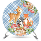 Aperturee - Animals And Mushroon Blue Plaid Round Birthday Backdrop Kit